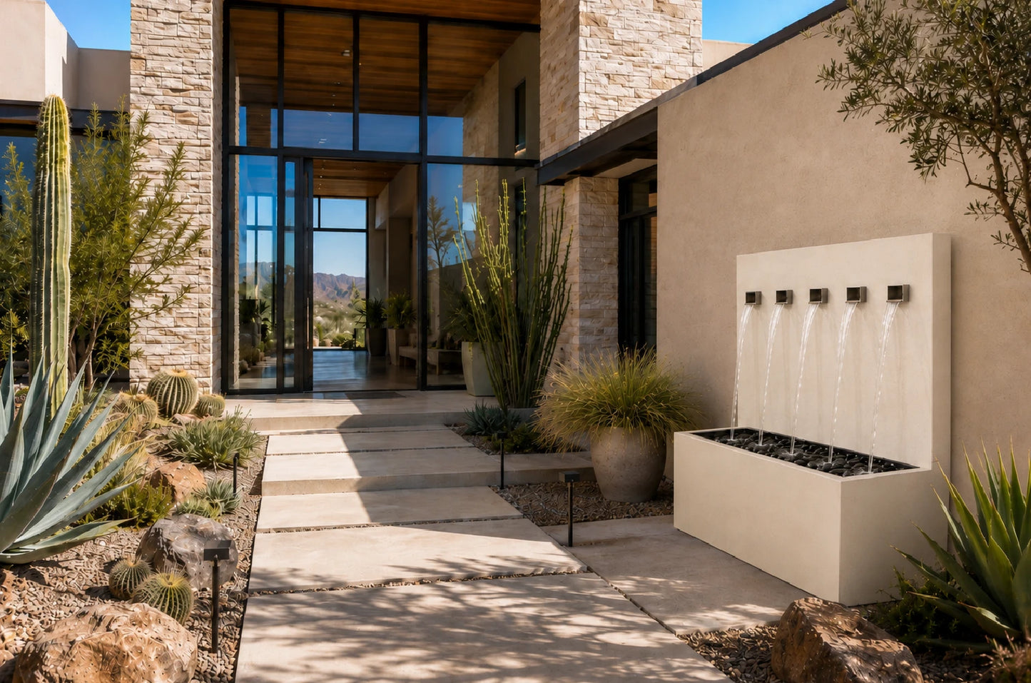 Cream oyster white 50-inch vertical wall fountain with 5 spouts, front view