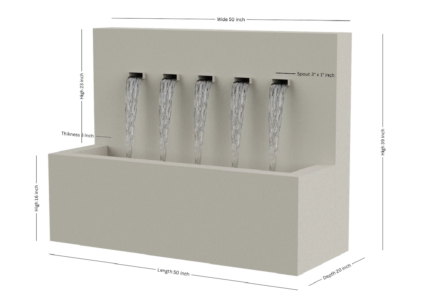 Cream 50-inch 5-spout vertical wall fountain dimension 50" W x 39" H x 20" D
