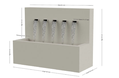 Cream 50-inch 5-spout vertical wall fountain dimension 50" W x 39" H x 20" D