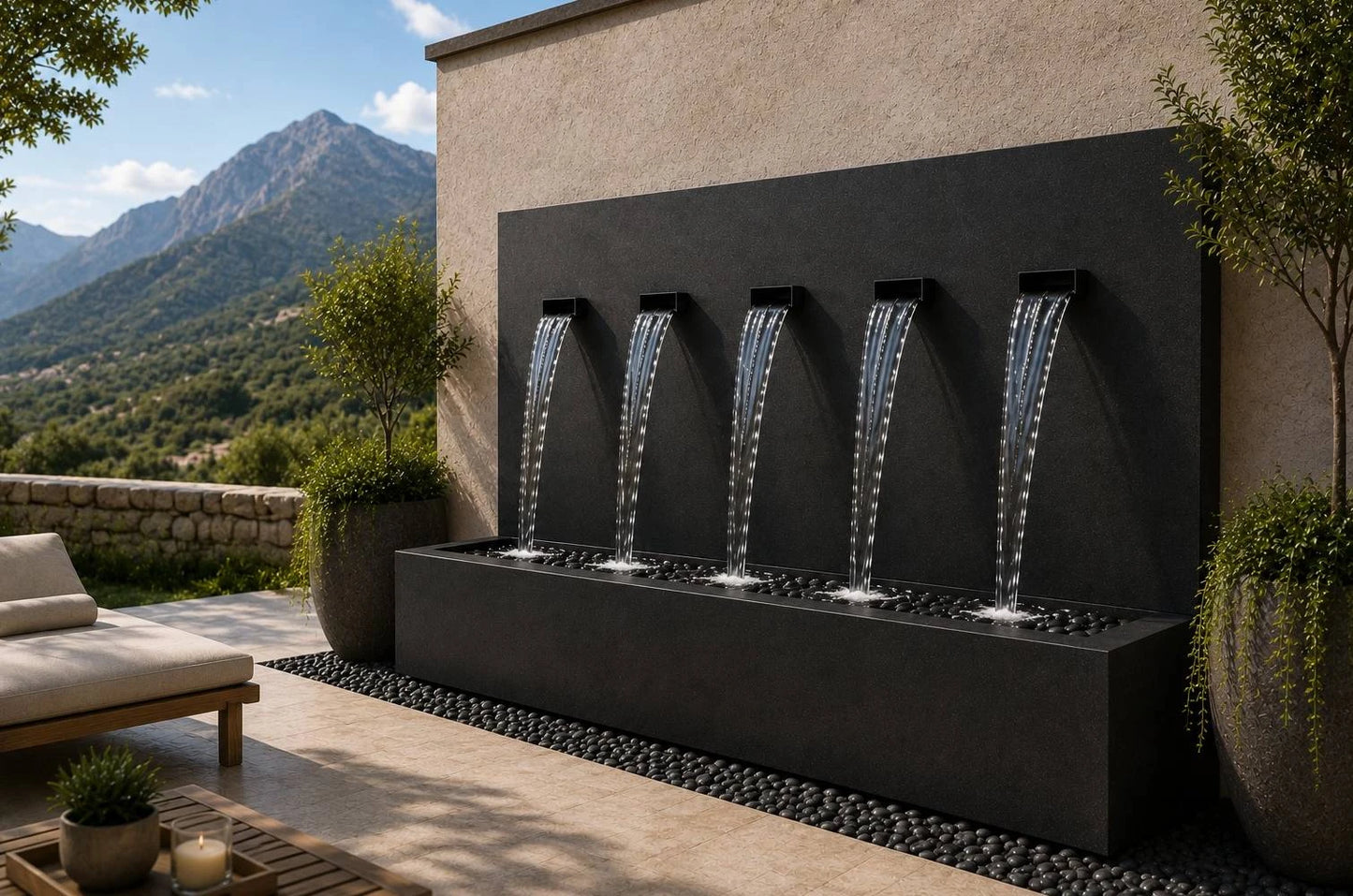 Black powder-coated 50-inch vertical wall fountain with 5 spouts, front view