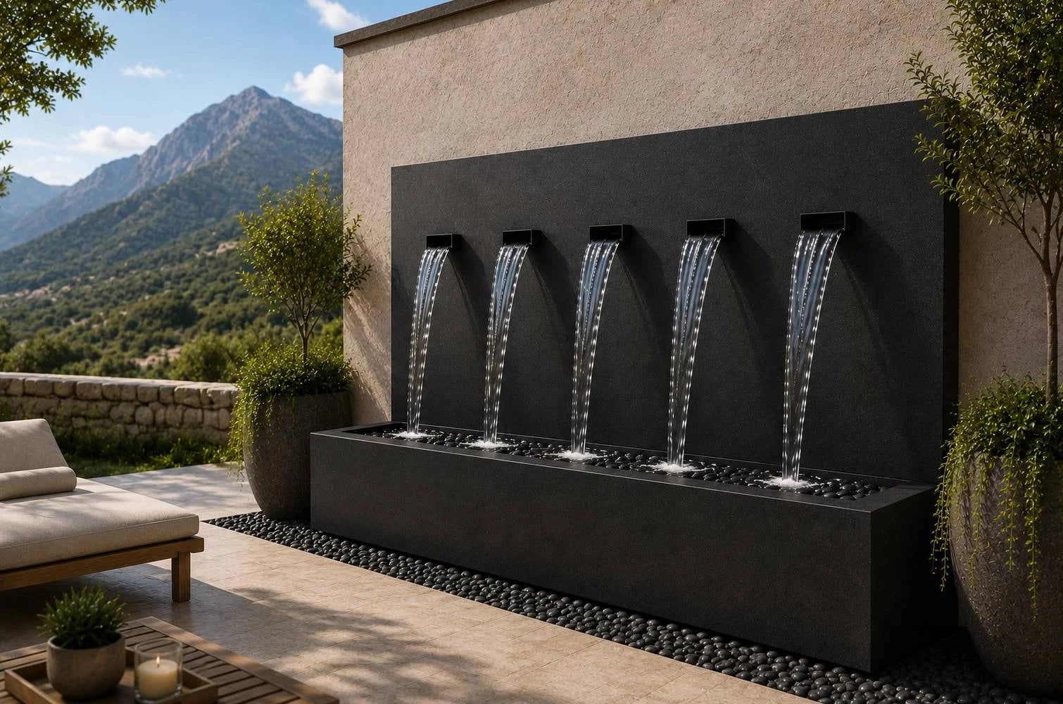 Black powder-coated 50-inch vertical wall fountain with 5 spouts, front view