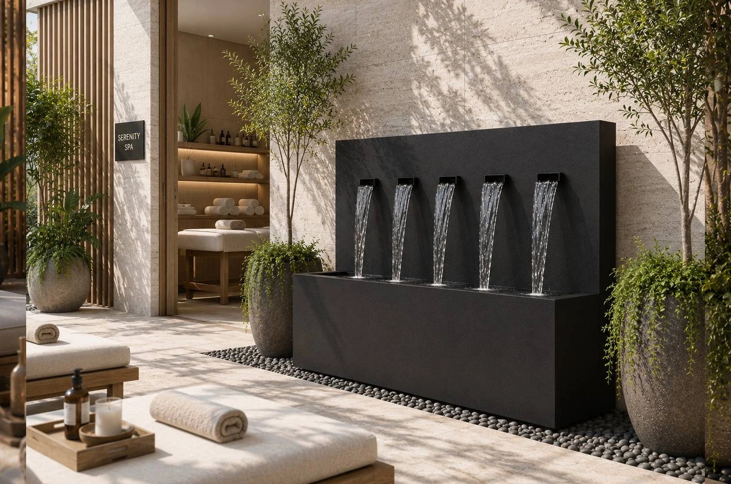 Black 50-inch 5-spout vertical wall fountain, side angle view