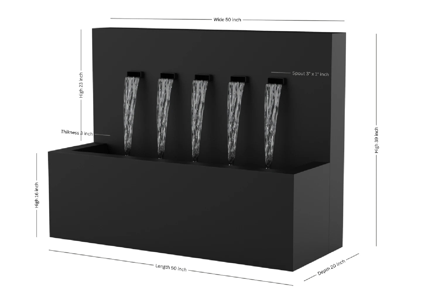 Black 50-inch 5-spout vertical wall fountain dimension 50" W x 39" H x 20" D
