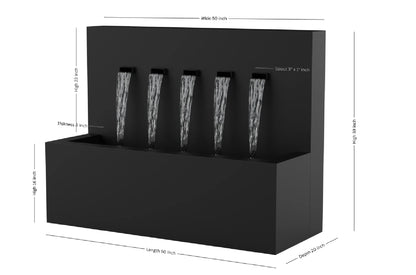 Black 50-inch 5-spout vertical wall fountain dimension 50" W x 39" H x 20" D
