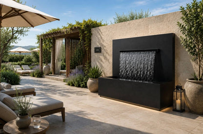 Black 50-inch trough spillway vertical wall fountain, side angle view