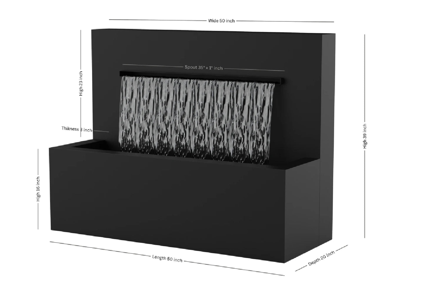 Black 50-inch trough vertical wall fountain dimension 50" W x 39" H x 20" D