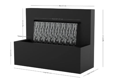 Black 50-inch trough vertical wall fountain dimension 50" W x 39" H x 20" D