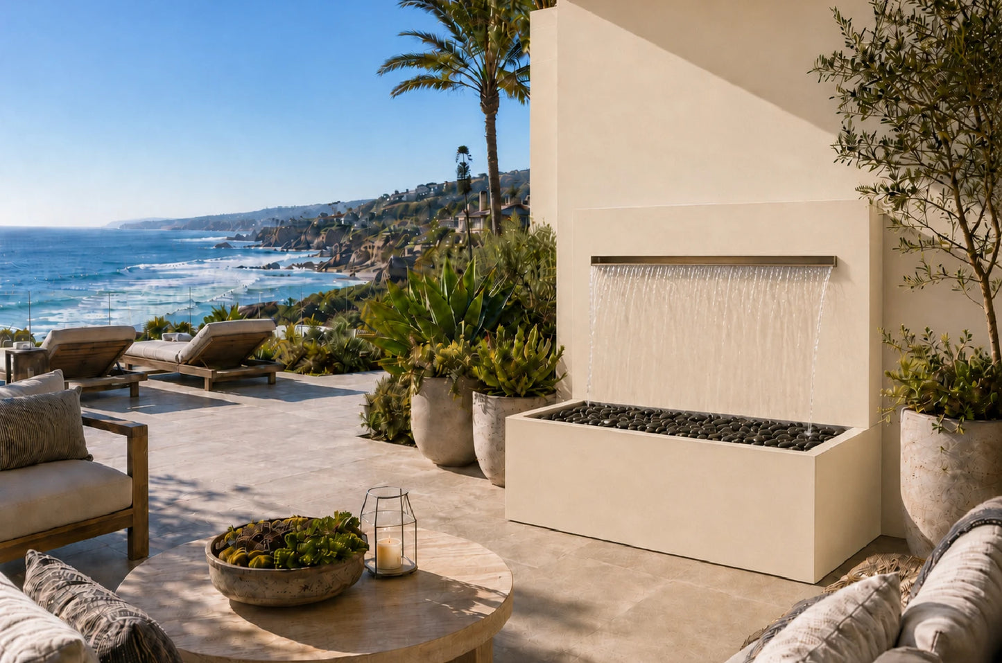 Cream oyster white 50-inch vertical wall fountain with trough spillway, front view