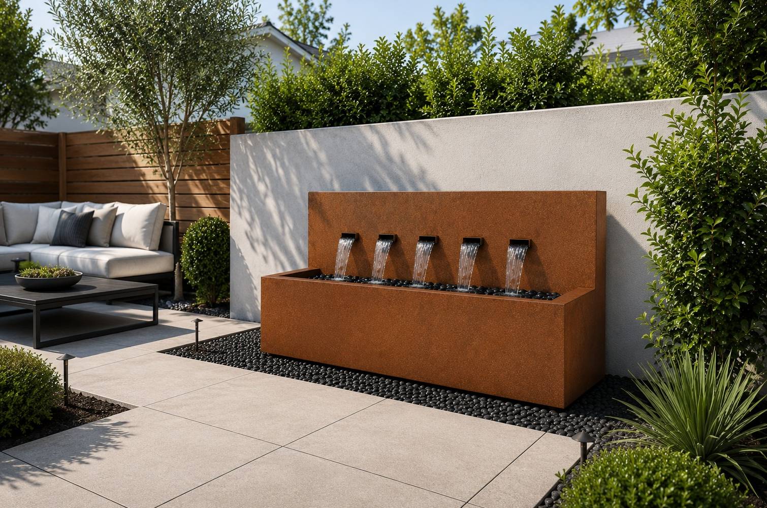 Corten 50-inch 5-spout horizontal wall fountain, close-up of cascading water