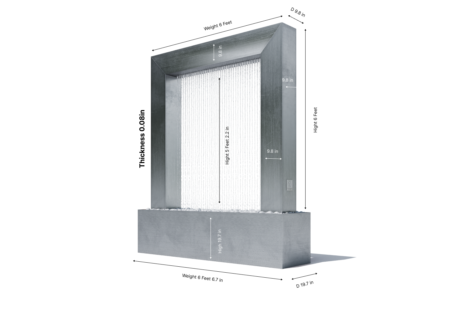 Technical dimension diagram of a 6-foot stainless steel rain curtain fountain door showing overall height, width, depth, base measurements, and 0.08-inch material thickness for modern outdoor water feature planning and installation.