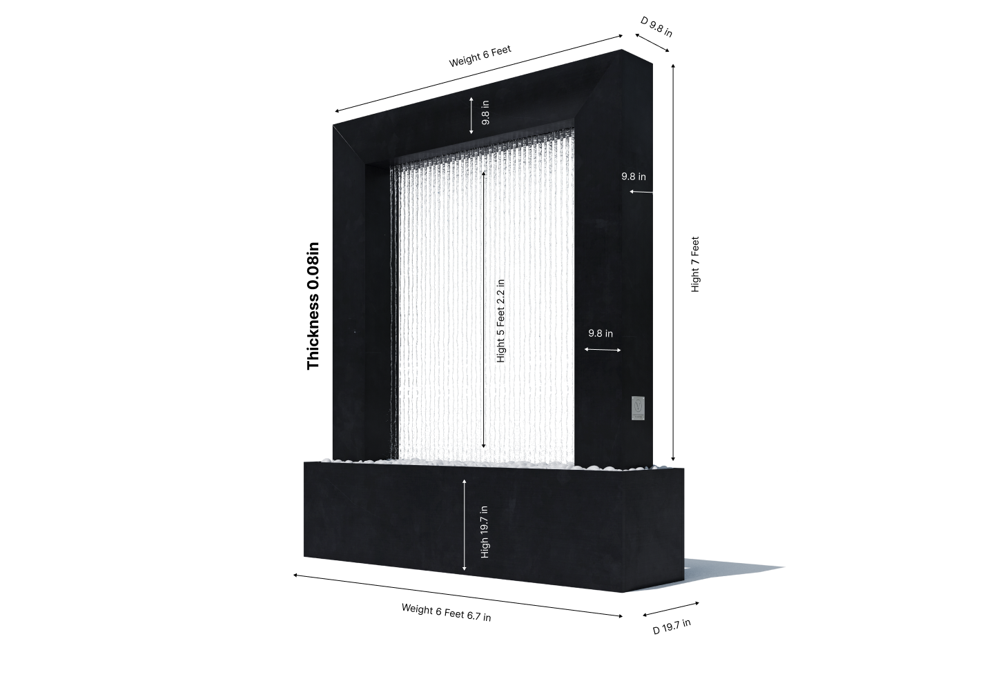 Technical dimension diagram of a 7-foot black powder-coated steel rain curtain fountain door showing overall height, width, depth, base measurements, and 0.08-inch frame thickness for modern backyard water feature planning and installation.