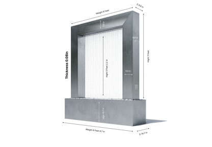 curtain fountain door showing overall height, width, depth, base measurements, and 0.08-inch material thickness for modern outdoor water feature planning and installation.