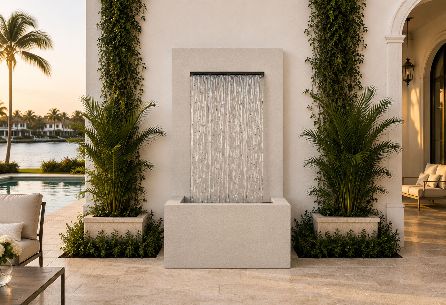 Cream oyster white 27-inch trough wall fountain, lifestyle product photo