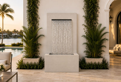 Cream oyster white 27-inch trough wall fountain, lifestyle product photo