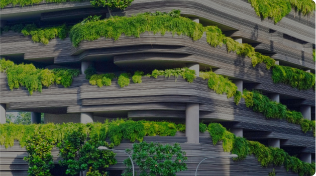 Building facade with layered greenery