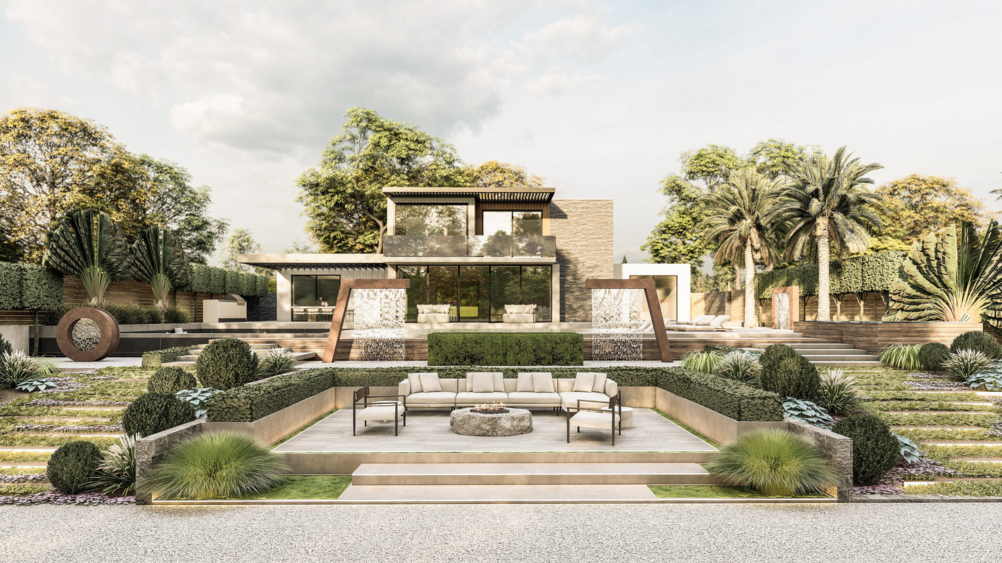 Modern backyard with rusted steel rain curtain