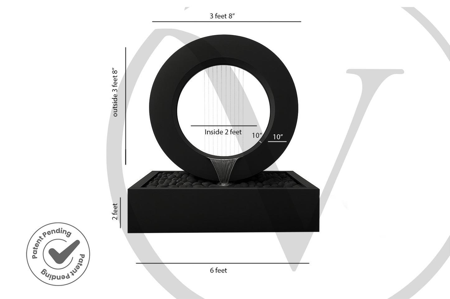Size diagram of a modern black circle planter fountain on a rectangular basin showing a 6-foot overall width and 3-foot-8-inch overall height.