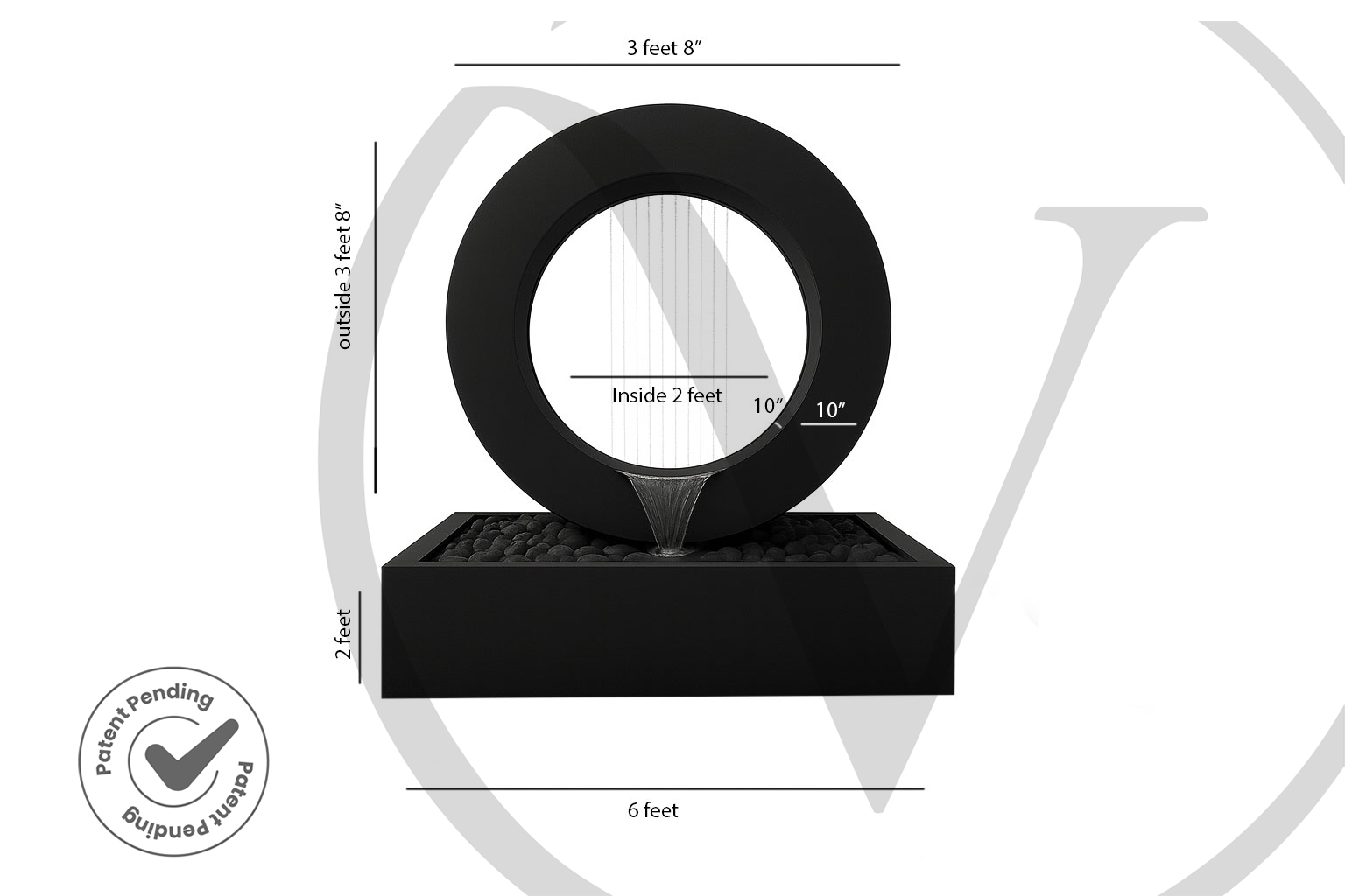 Size diagram of a modern black circle planter fountain on a rectangular basin showing a 6-foot overall width and 3-foot-8-inch overall height.