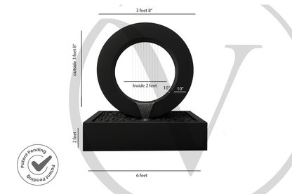 Size diagram of a modern black circle planter fountain on a rectangular basin showing a 6-foot overall width and 3-foot-8-inch overall height.