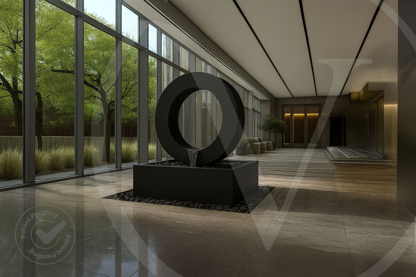 Modern black circle planter fountain with a rectangular basin in a glass-walled office lobby overlooking a landscaped garden.