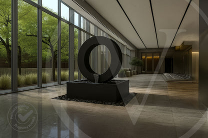 Modern black circle planter fountain with a rectangular basin in a glass-walled office lobby overlooking a landscaped garden.