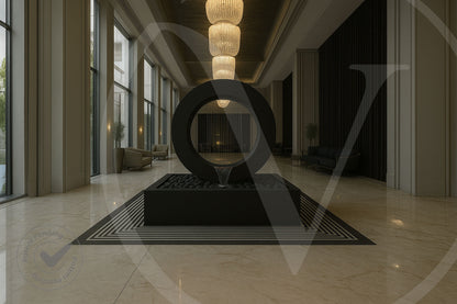 Modern black circle planter fountain with a rectangular pebble-filled basin serving as a dramatic centerpiece in a luxury marble hotel lobby with elegant chandeliers.