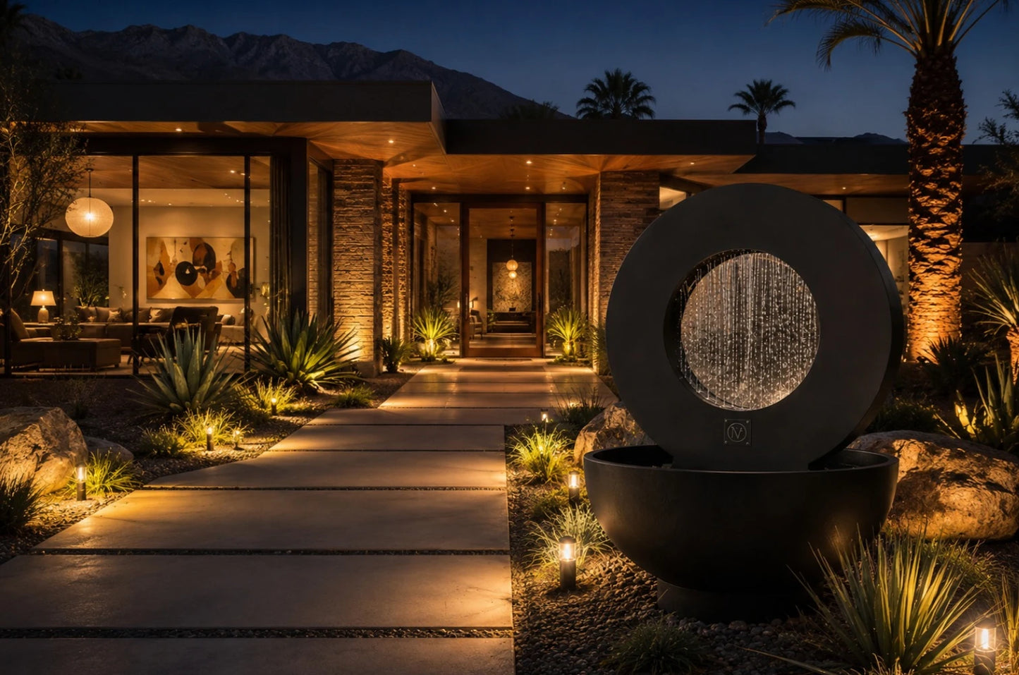 Illuminated black circular outdoor planter with an integrated fountain in a desert front yard with palms and a modern home at dusk.