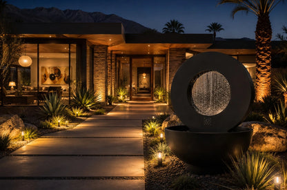 Illuminated black circular outdoor planter with an integrated fountain in a desert front yard with palms and a modern home at dusk.