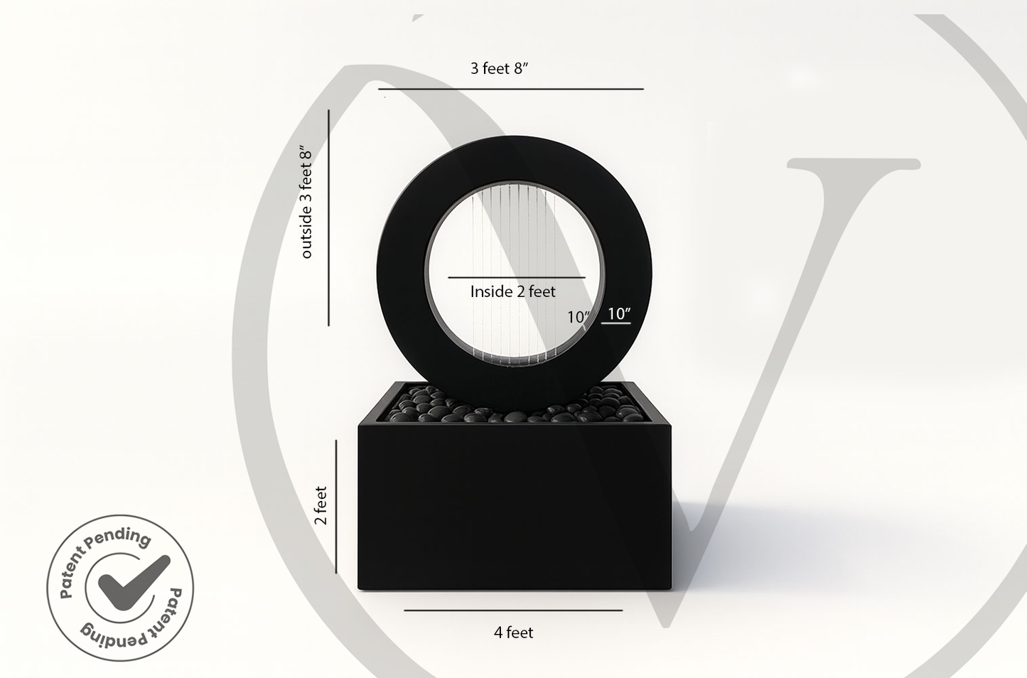 Size diagram of a modern black ring fountain on a square outdoor planter base showing a 4-foot width and 3-foot-8-inch overall height.