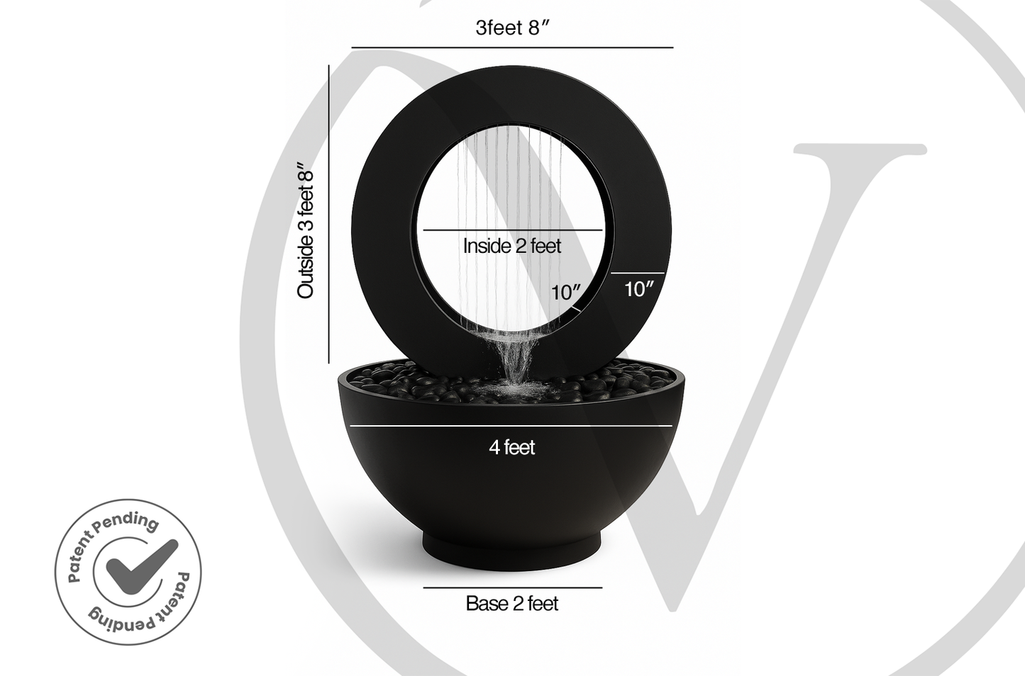 Size diagram of a black round outdoor planter fountain showing a 4-foot bowl width and 3-foot-8-inch overall height.