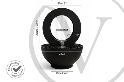 Size diagram of a black round outdoor planter fountain showing a 4-foot bowl width and 3-foot-8-inch overall height.