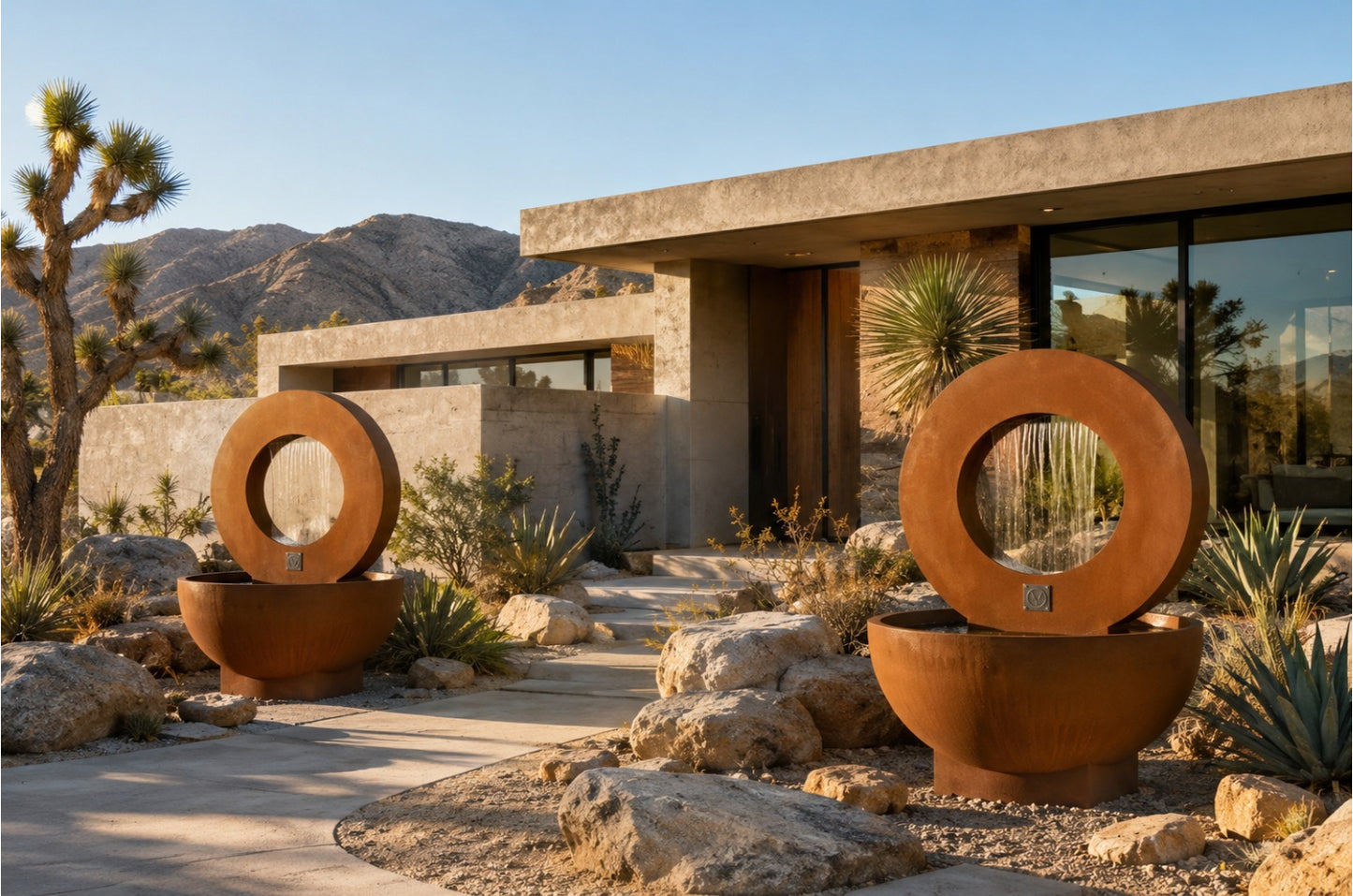 Two circular corten steel outdoor planter fountains with rain curtains at a desert resort entrance with cactus and agave landscaping.