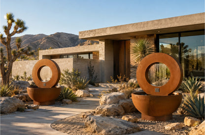 Two circular corten steel outdoor planter fountains with rain curtains at a desert resort entrance with cactus and agave landscaping.