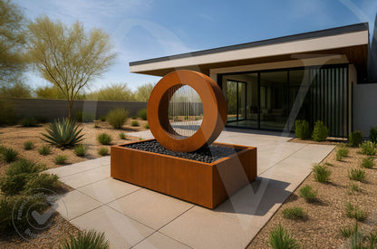 Modern corten steel rain curtain outdoor planter fountain with a long rectangular basin on a sunny desert patio beside a contemporary home.