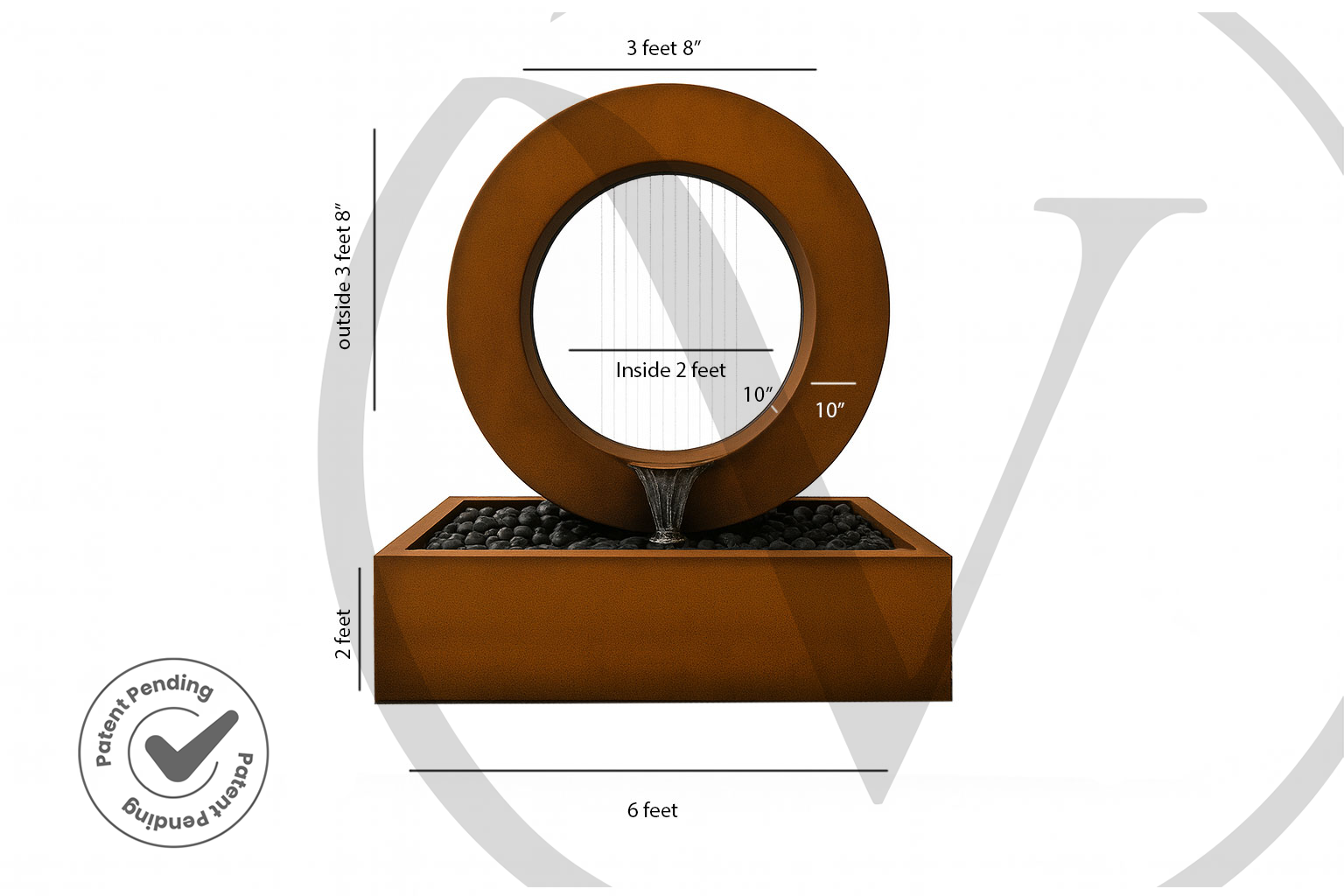 Size diagram of a modern corten steel ring fountain on a rectangular outdoor basin showing a 6-foot width and 3-foot-8-inch overall height.