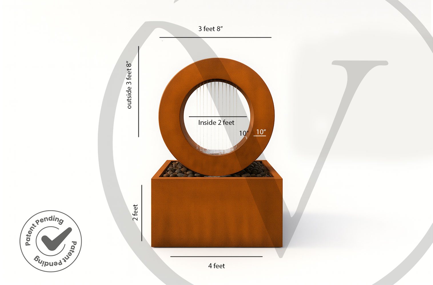 Size diagram of a modern corten steel ring fountain on a square outdoor planter base showing a 4-foot width and 3-foot-8-inch overall height.