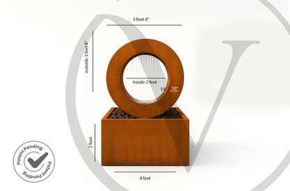 Size diagram of a modern corten steel ring fountain on a square outdoor planter base showing a 4-foot width and 3-foot-8-inch overall height.