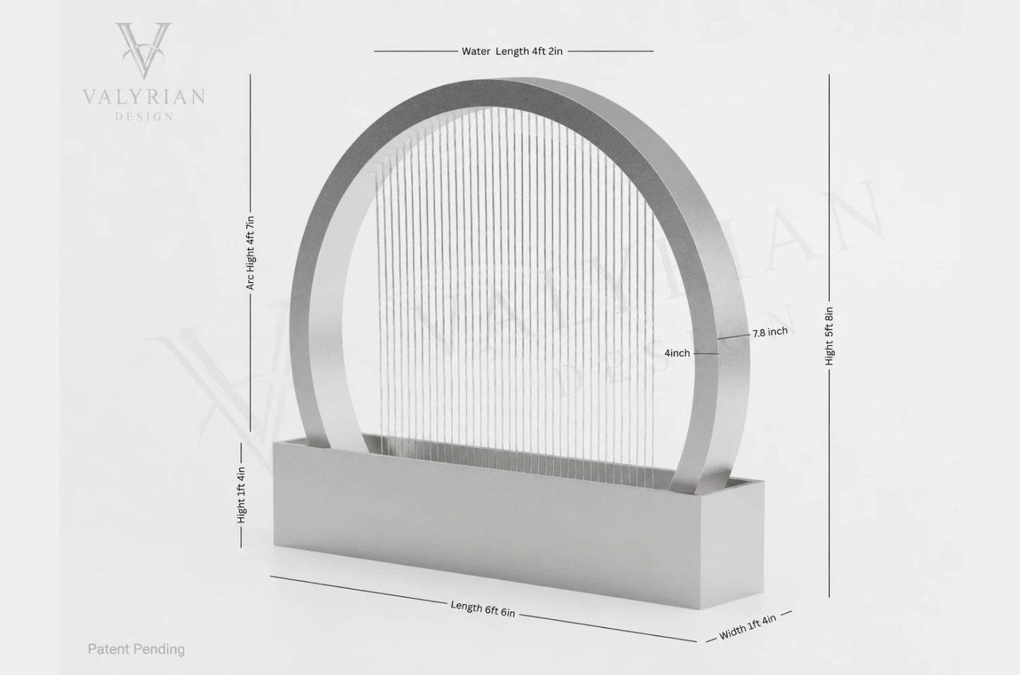 Valyrian Designs patent-pending black half circle rain curtain fountain dimension diagram