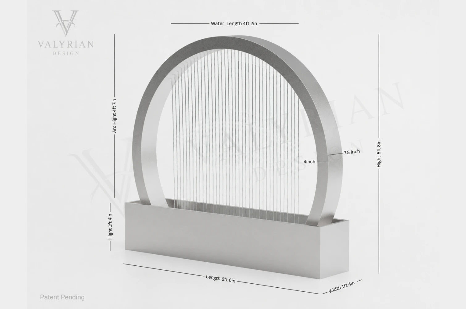 Valyrian Designs patent-pending black half circle rain curtain fountain dimension diagram