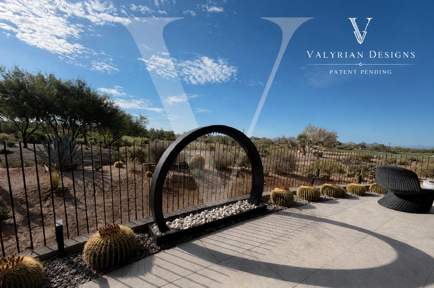 Valyrian Designs patent-pending black half circle rain curtain fountain side angle view