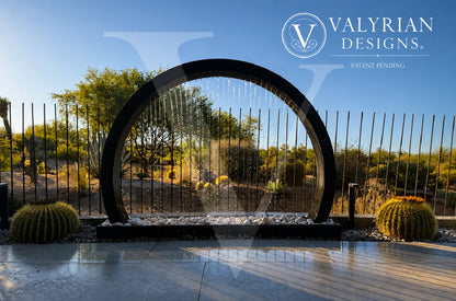 Valyrian Designs patent-pending black half circle rain curtain fountain made from powder-coated 304 stainless steel