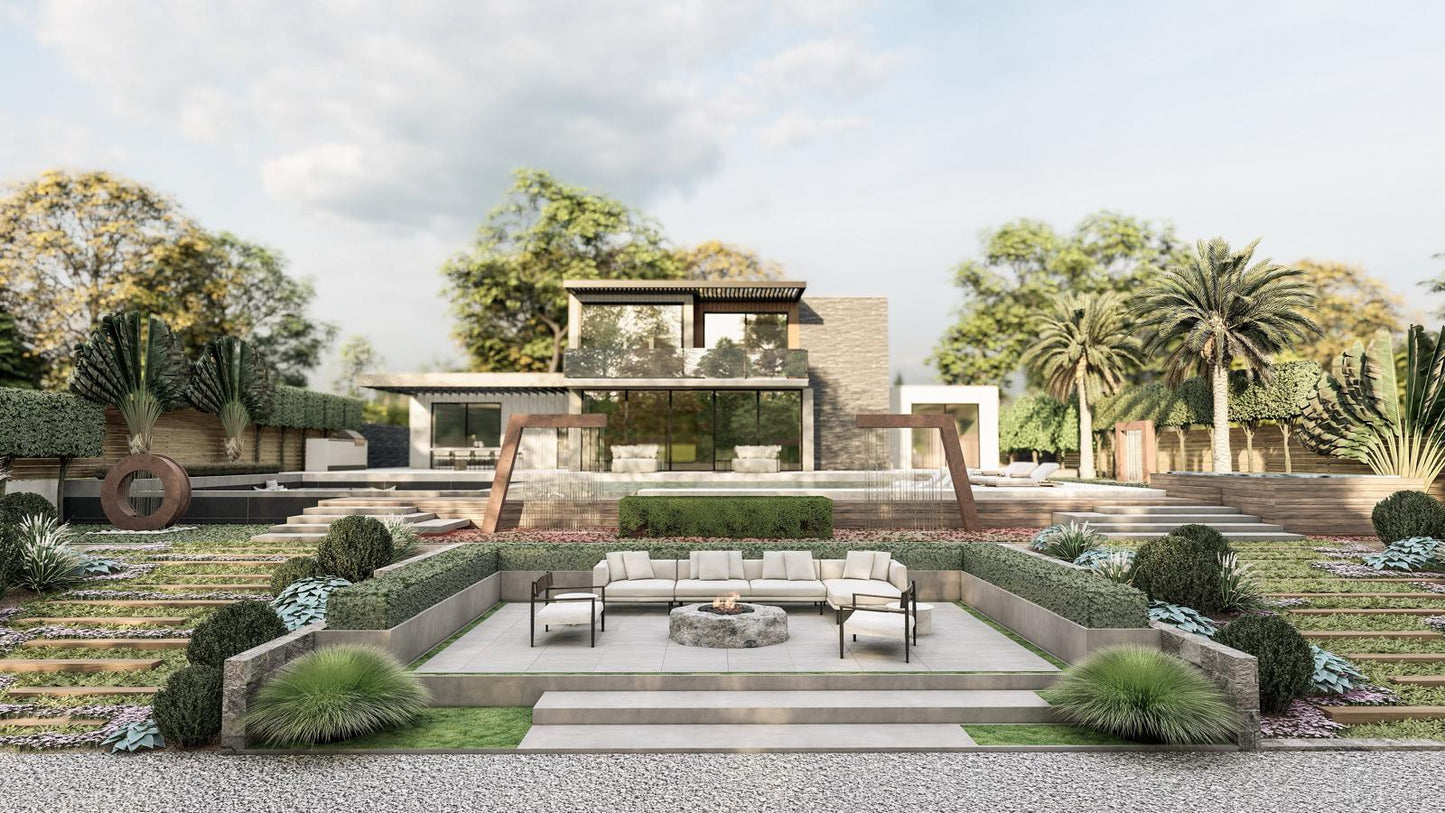 Modern luxury outdoor living space with tiered landscaping and cozy seating area
