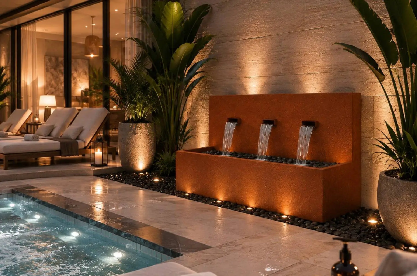 Corten 34-inch 3-spout horizontal wall fountain, side angle view