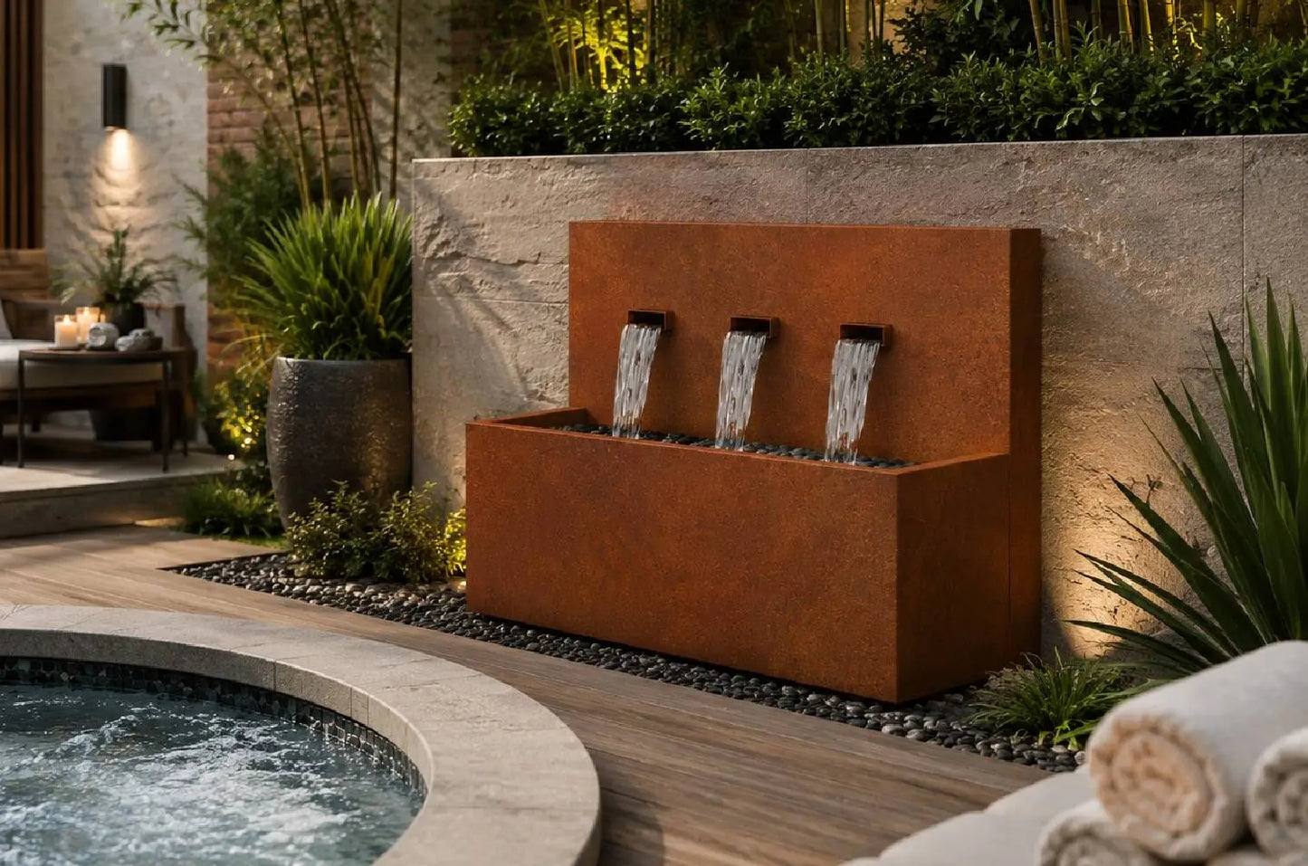 Corten 34-inch 3-spout horizontal wall fountain, close-up view