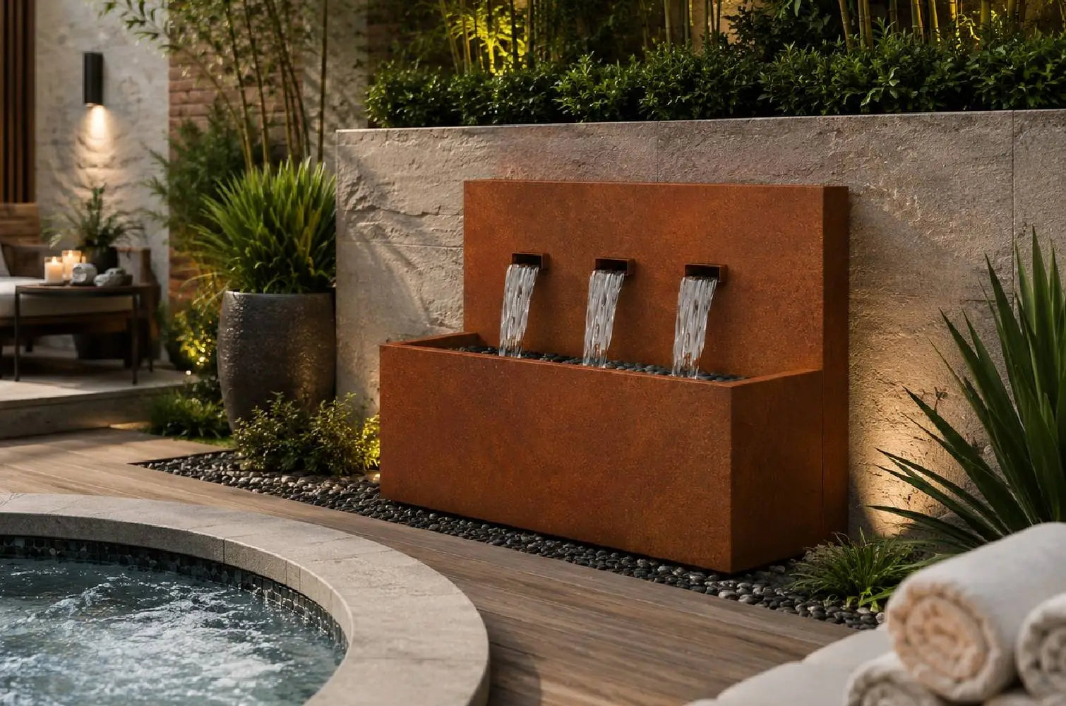 Corten 34-inch 3-spout horizontal wall fountain, close-up view