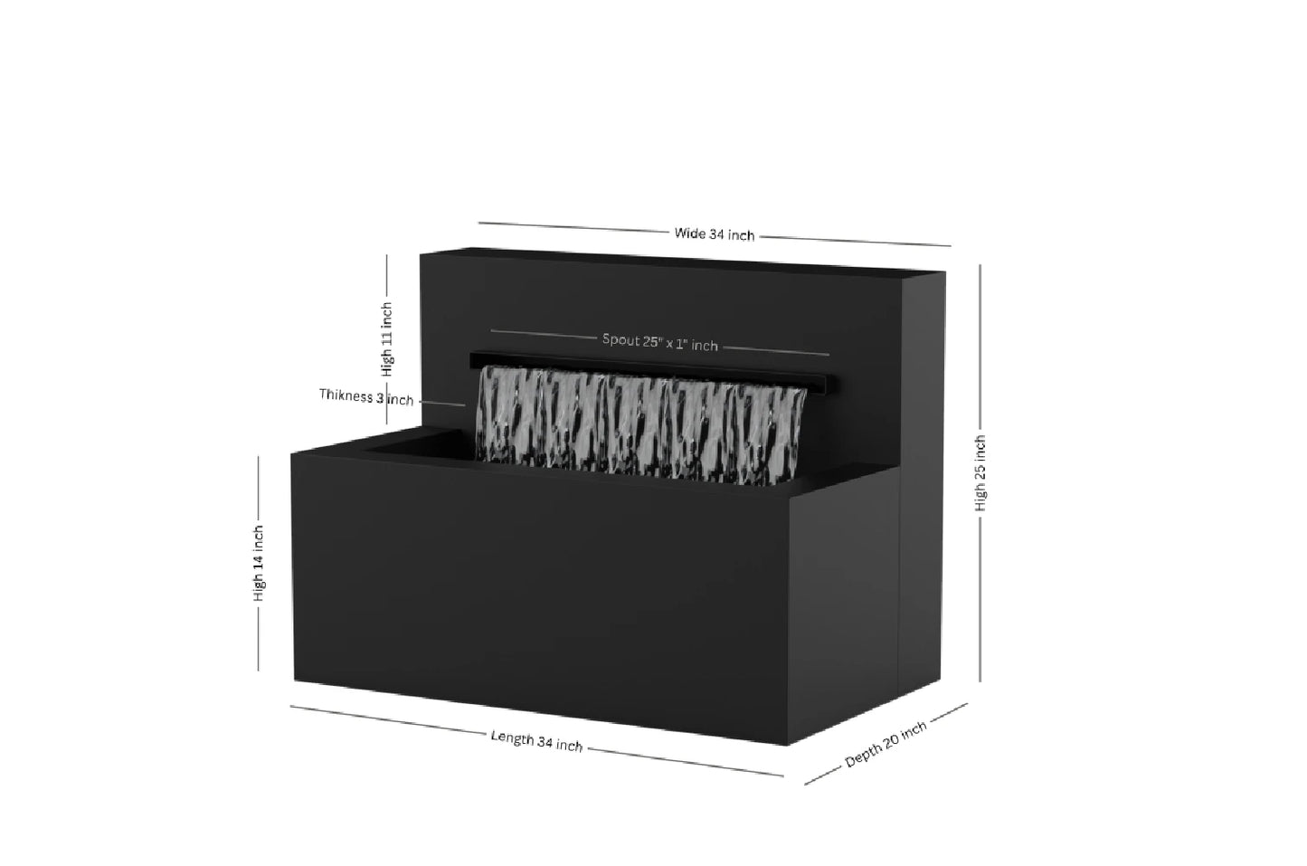 Black 34-inch trough horizontal wall fountain dimension 34" W x 25" H x 20" D