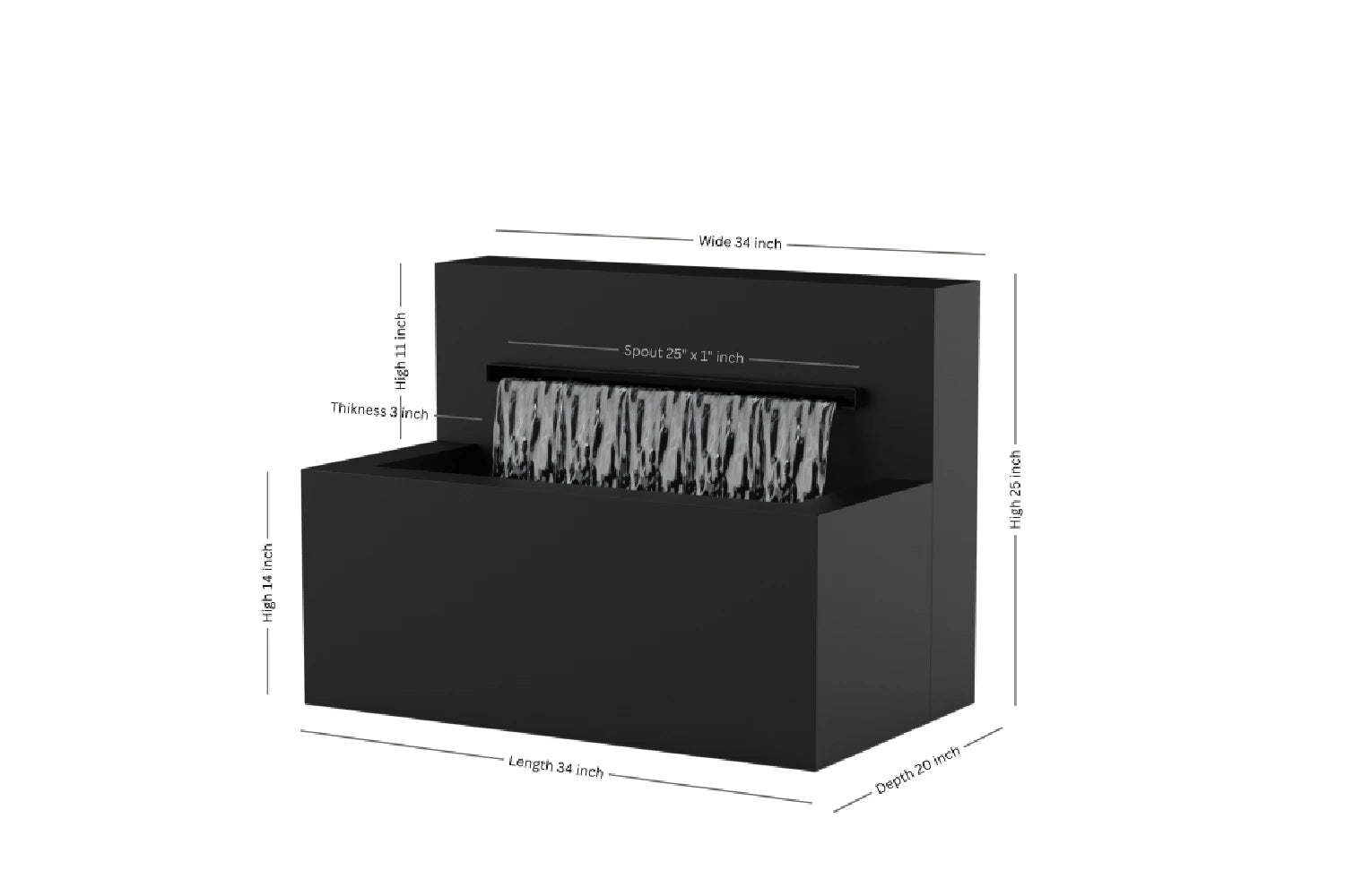 Black 34-inch trough horizontal wall fountain dimension 34" W x 25" H x 20" D
