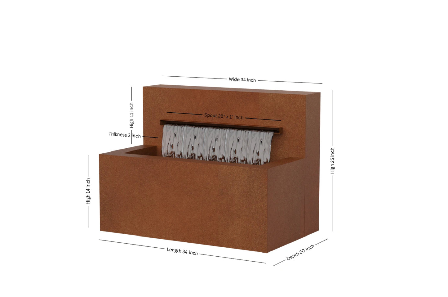 Corten 34-inch trough horizontal wall fountain dimension 34" W x 25" H x 20" 
