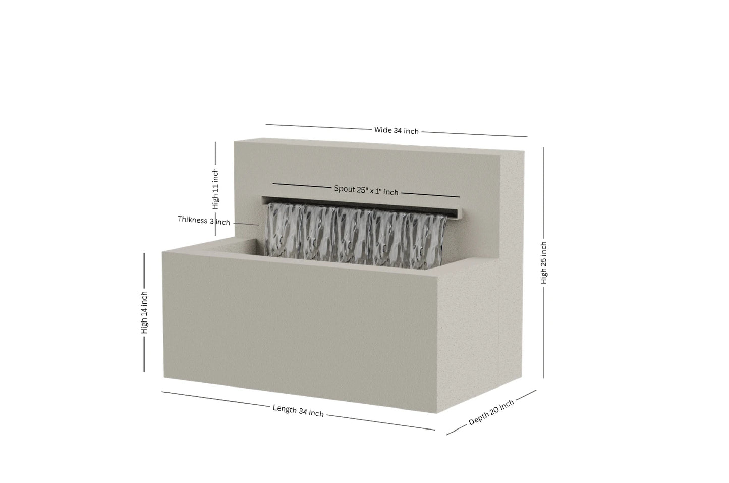 Cream 34-inch trough horizontal wall fountain dimension 34" W x 25" H x 20" D