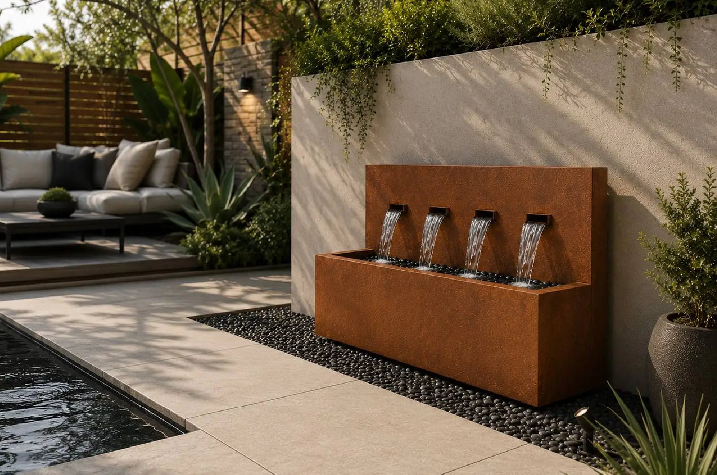 Corten steel 42-inch 4-spout horizontal wall fountain, front view